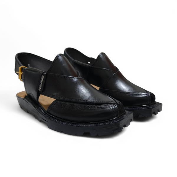 Handcrafted Black Norozi Leather Peshawari Chappal