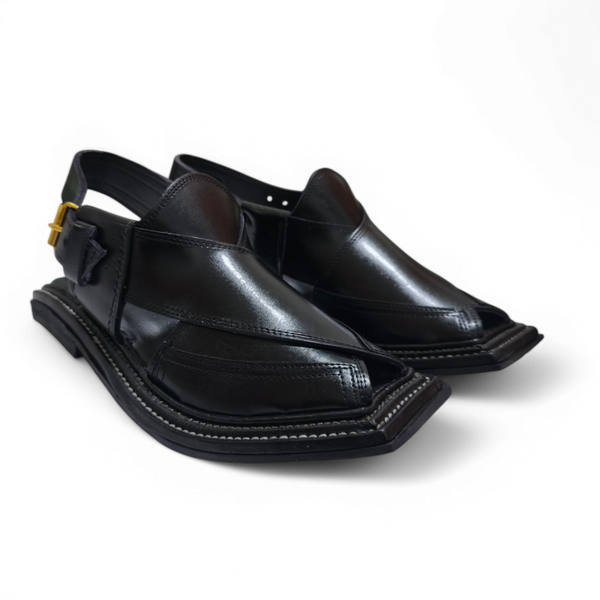 Fully Handmade Black Triple Strap Peshawari Chappal